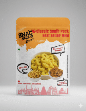 snackbazaar Manapparai Murukku: A large, coiled, yellow-brown savory snack. Spicy Sev: Thin, crunchy strands of a yellow-orange snack. Kovilpatti Kadalai Mittai: Dark brown, nutty candy pieces.