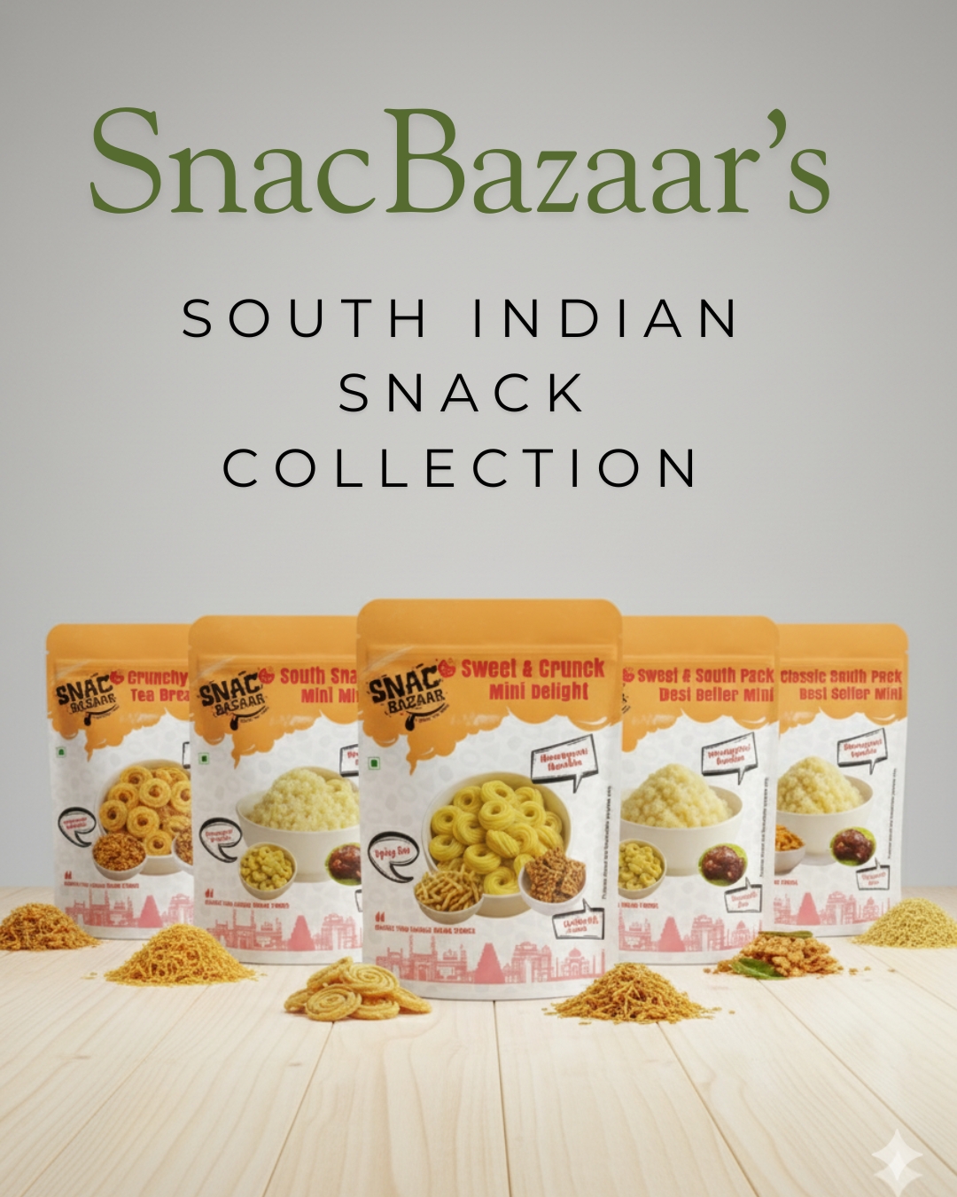 A promotional image for 'SnacBazaar's South Indian Snack Collection'. The image displays a lineup of five different snack pouches on a wooden surface, with a variety of traditional South Indian snacks arranged in the foreground.