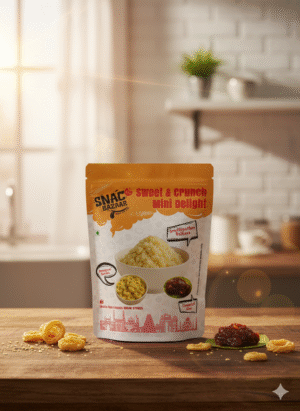 A pouch of SnackBazaar Sweet & Crunch Mini Delight snacks is placed on a wooden surface in a cozy kitchen setting, with a bowl of the snack and small portions of ring-shaped crunchy treats and chutney arranged in front of the pouch. The pouch features vibrant orange and white colors with bold text and illustrations of the snack varieties included. The background is softly blurred, highlighting the product.